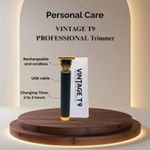 Vintage T9 professional trimmer on a wooden stand with product details.